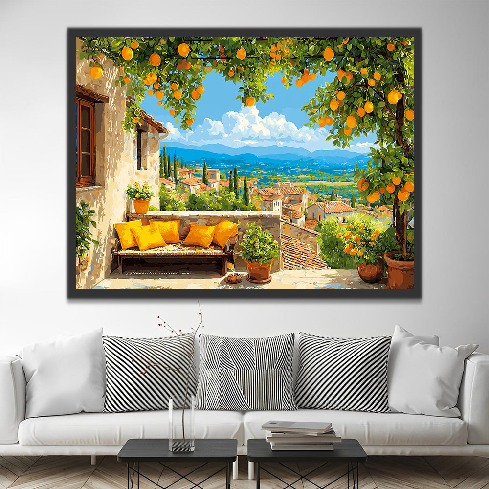 Citronnier Chargé de Fruits devant la Maison Peinture par Numéros