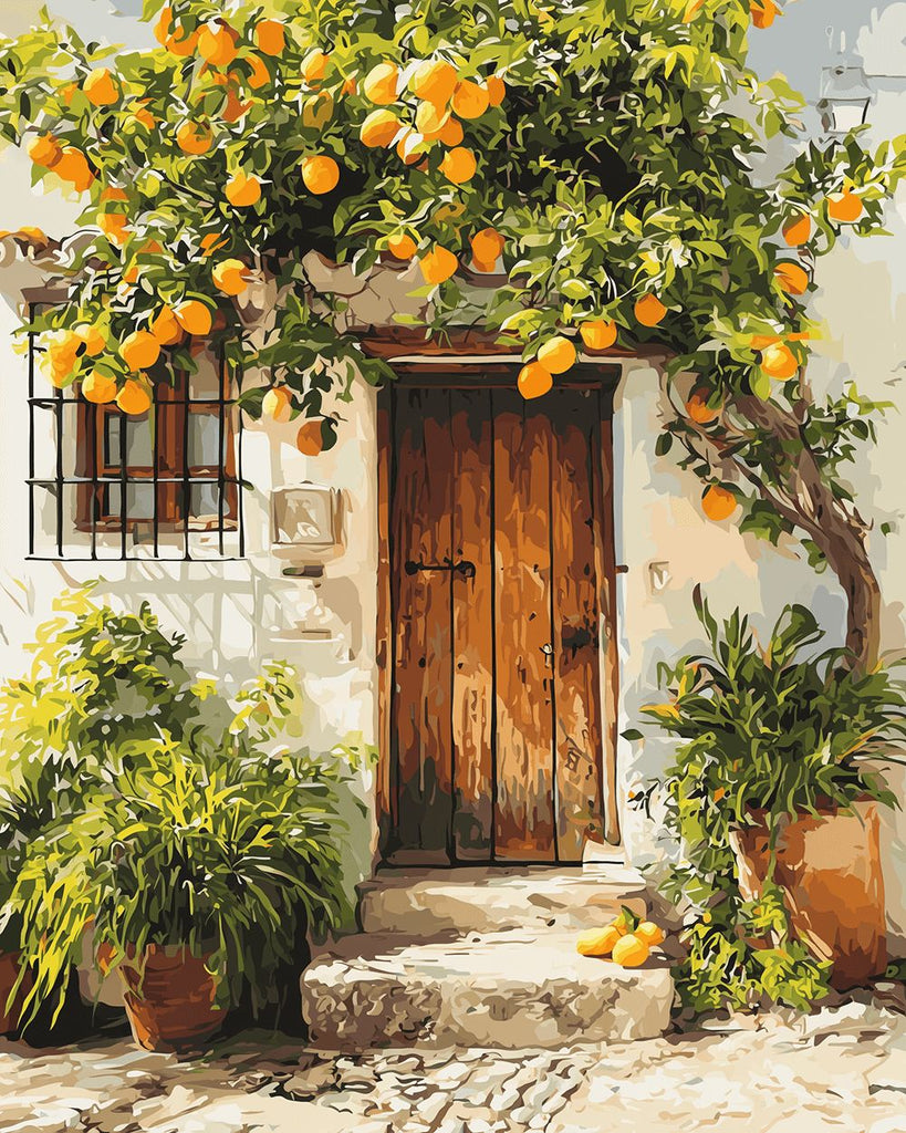 Citronnier devant une Porte en Bois Peinture par Numéros