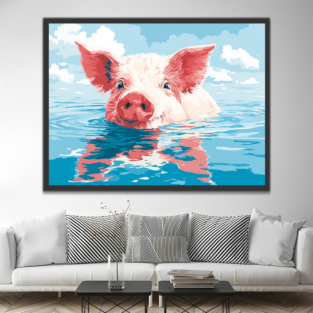 Cochon Rose Nageant dans l'Eau Peinture par Numéros
