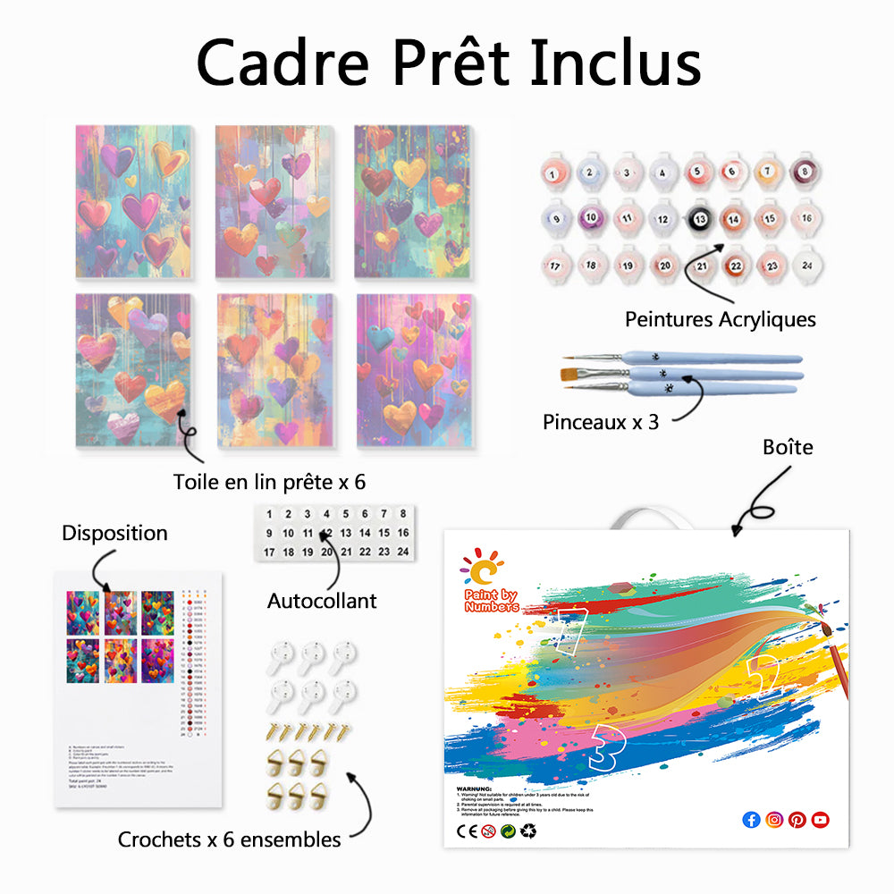 Cœurs d'Amour Enflammés et Colorés 6 Mini Peintures par Numéros