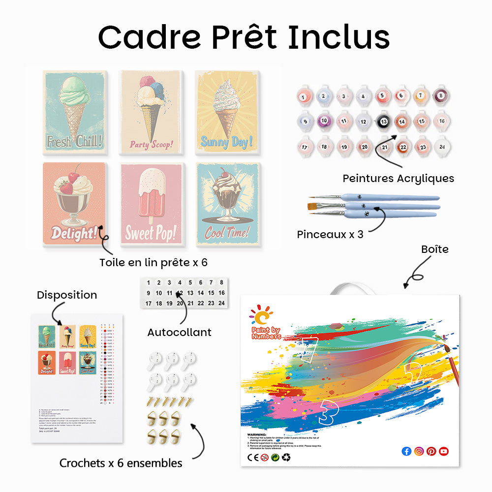 Cônes et Glaces Délicieux 6 Mini Peintures par Numéros