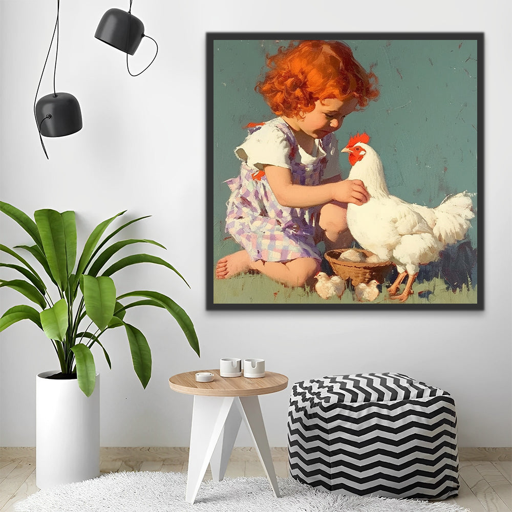 Coq Blanc et Enfant Peinture par Numéros