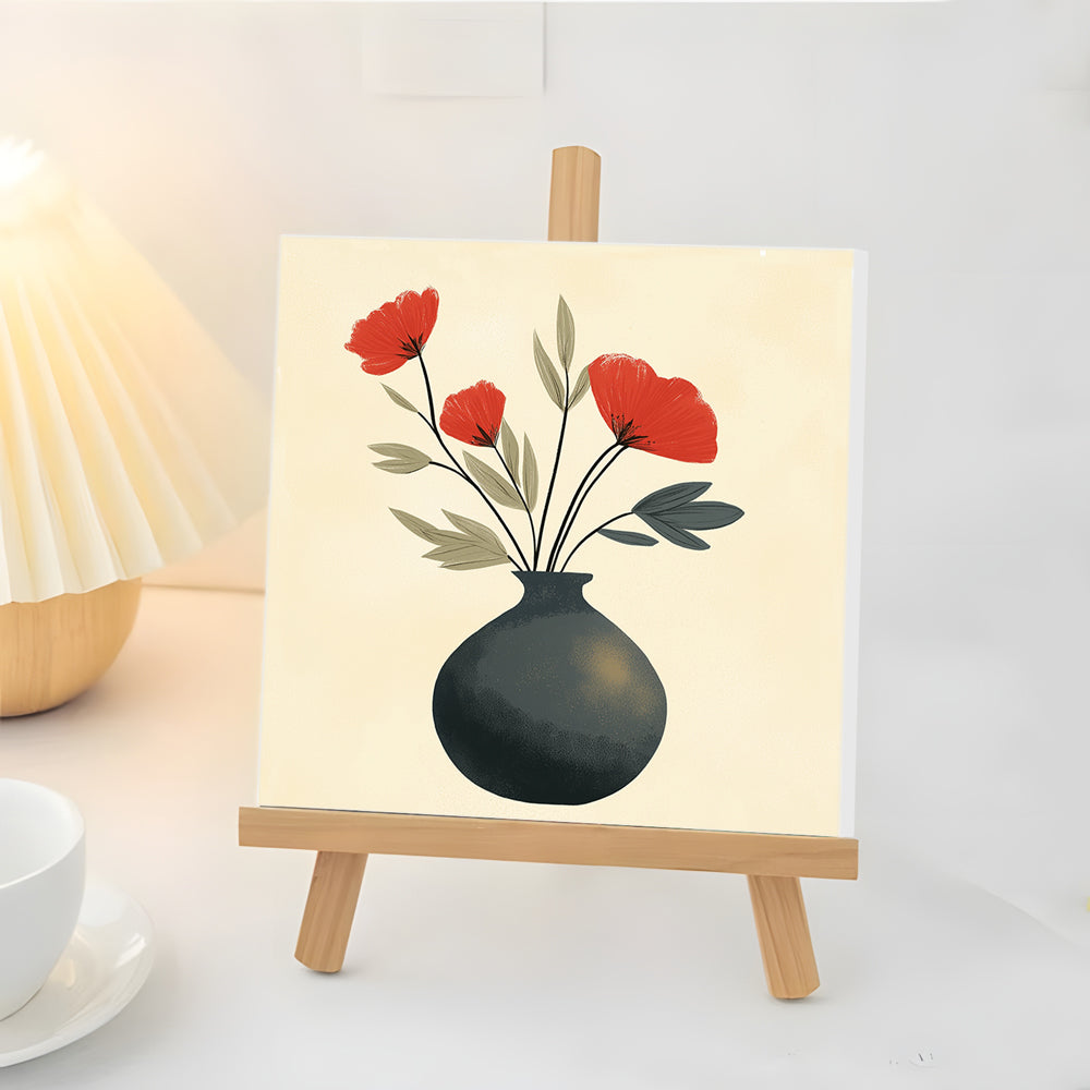 Coquelicot Rouge Dans un Pot Noir Mini Peinture par Numéros