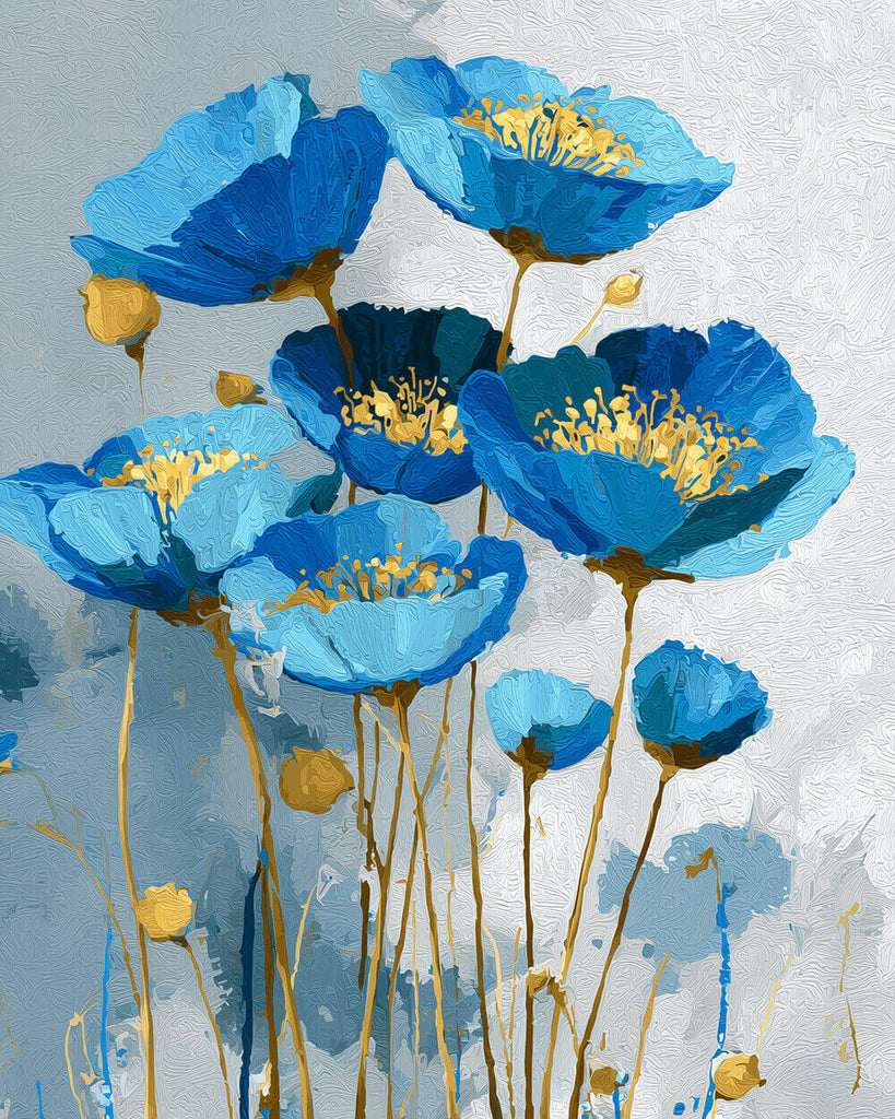 Coquelicots Bleus avec Étamines Dorées Peinture par Numéros