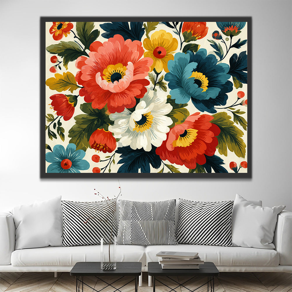 Coquelicots Colorés avec Feuilles Vertes Peinture par Numéros