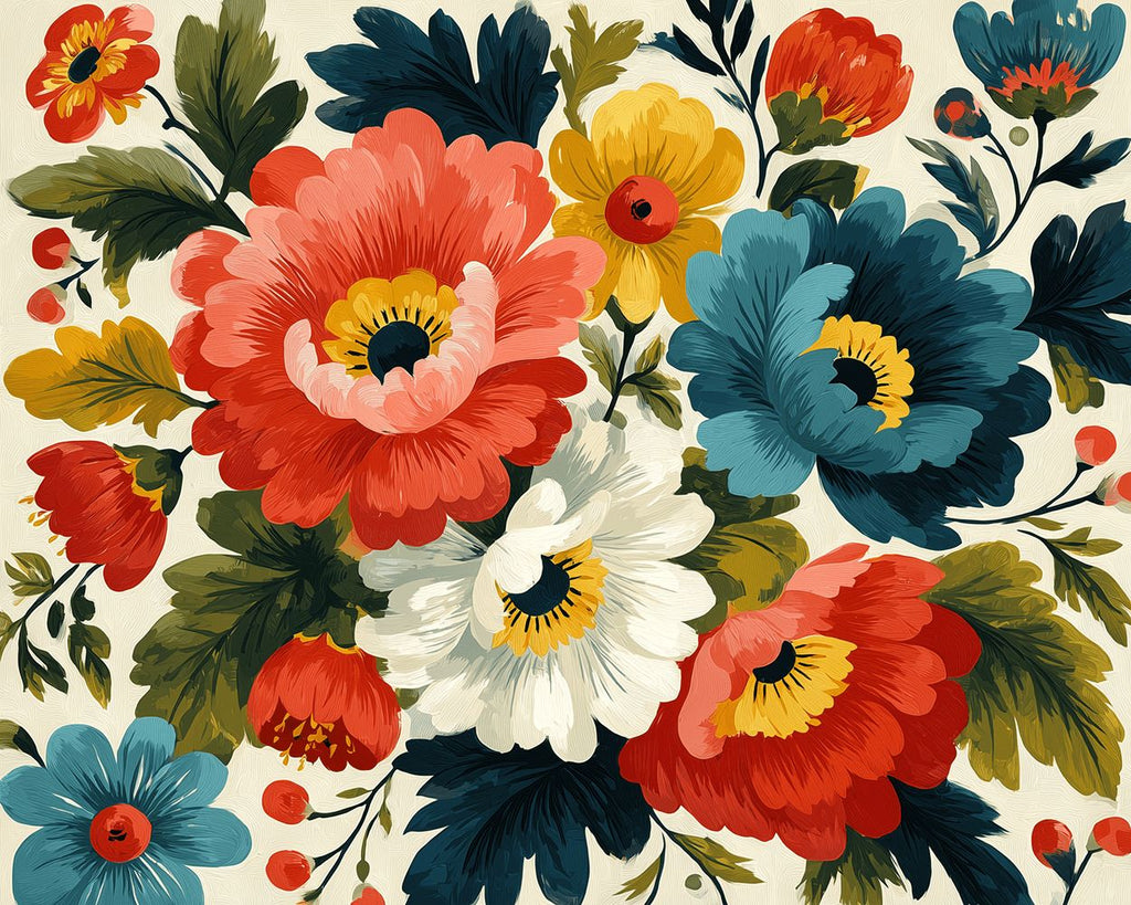 Coquelicots Colorés avec Feuilles Vertes Peinture par Numéros