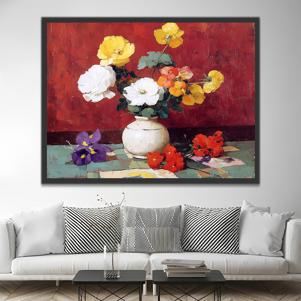 Coquelicots Colorés dans un Vase en Porcelaine Blanche Peinture par Numéros
