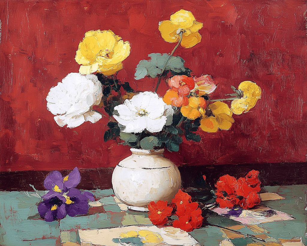 Coquelicots Colorés dans un Vase en Porcelaine Blanche Peinture par Numéros