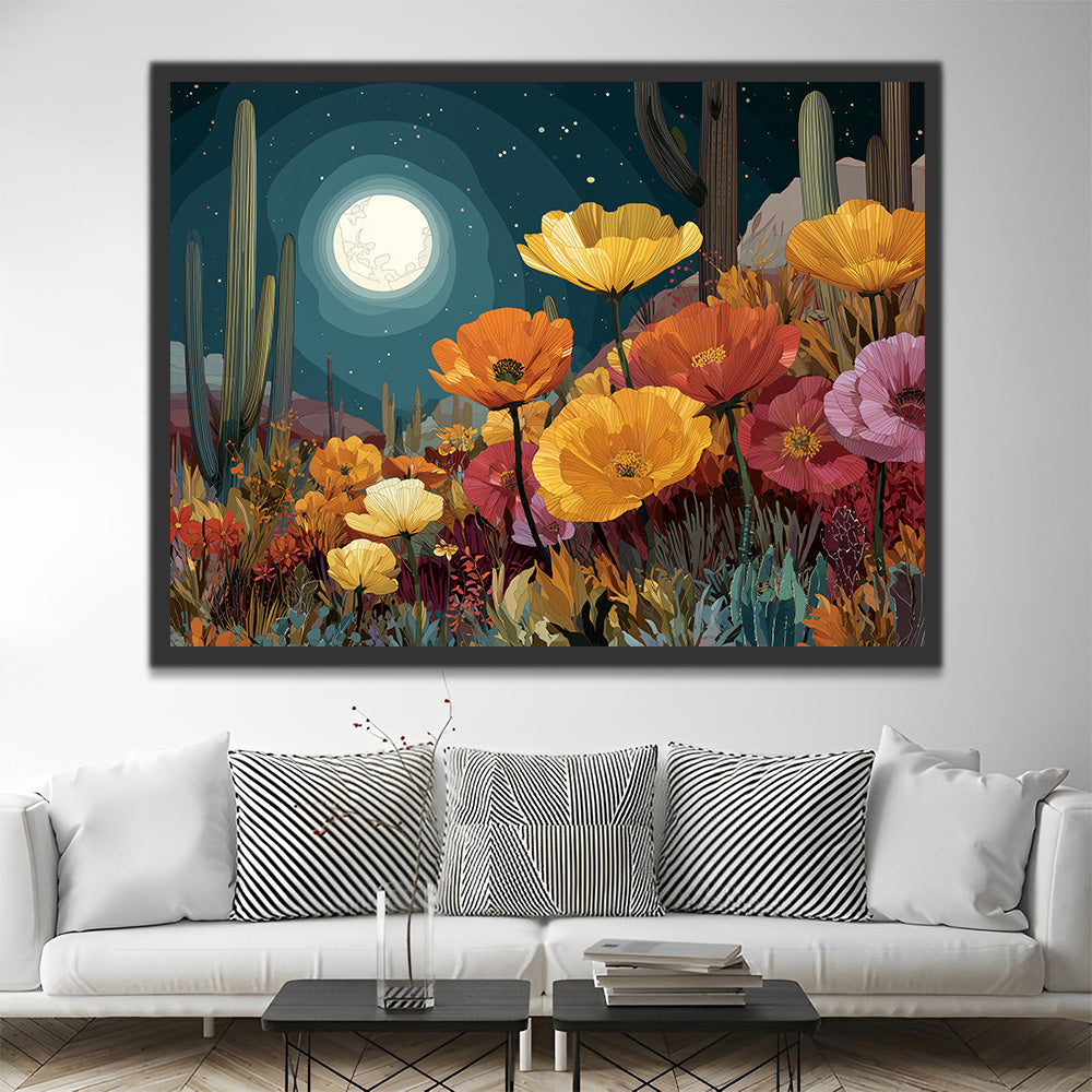 Coquelicots et Cactus au Clair de Lune Peinture par Numéros