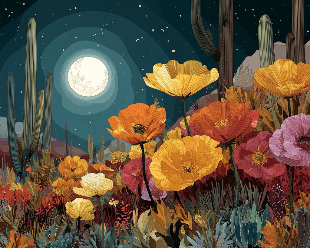 Coquelicots et Cactus au Clair de Lune Peinture par Numéros