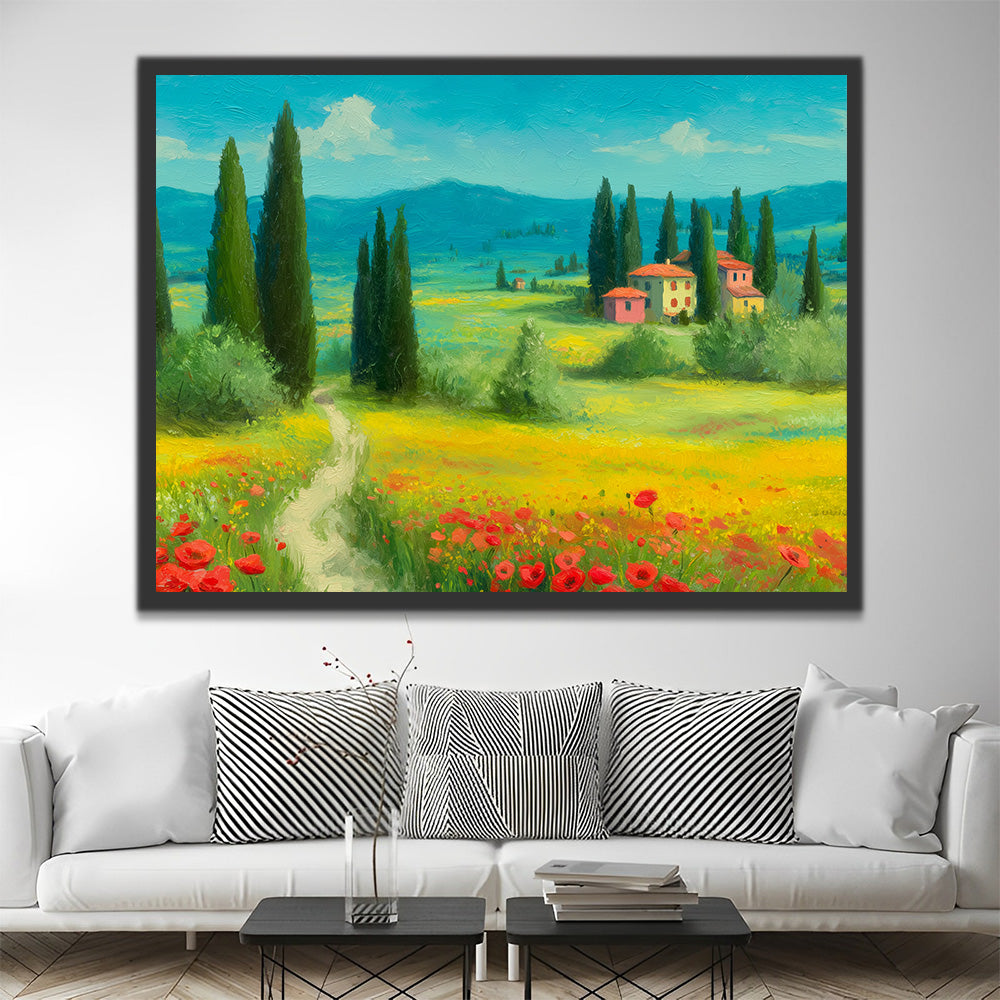 Coquelicots, Pins et Maison Blanche sur la Prairie Peinture par Numéros