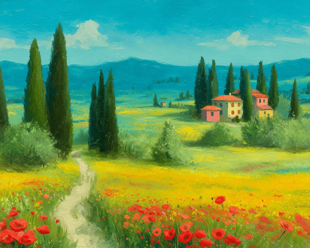 Coquelicots, Pins et Maison Blanche sur la Prairie Peinture par Numéros