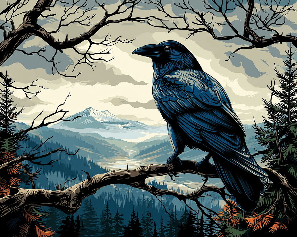 Corbeau sur un Arbre Mort près des Montagnes Peinture par Numéros