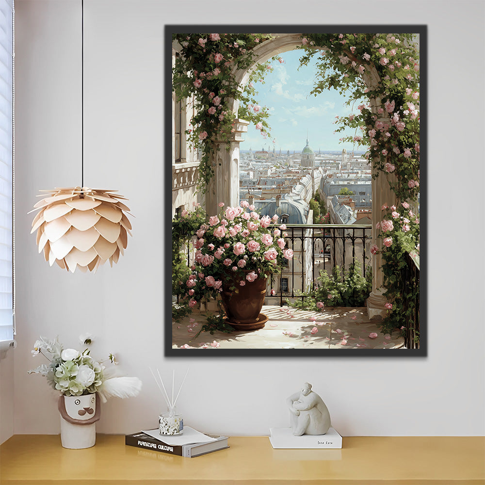 Couloir de Pierre Bordé de Roses en Ville Peinture par Numéros