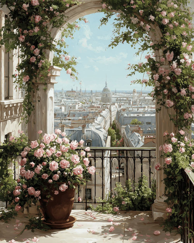 Couloir de Pierre Bordé de Roses en Ville Peinture par Numéros