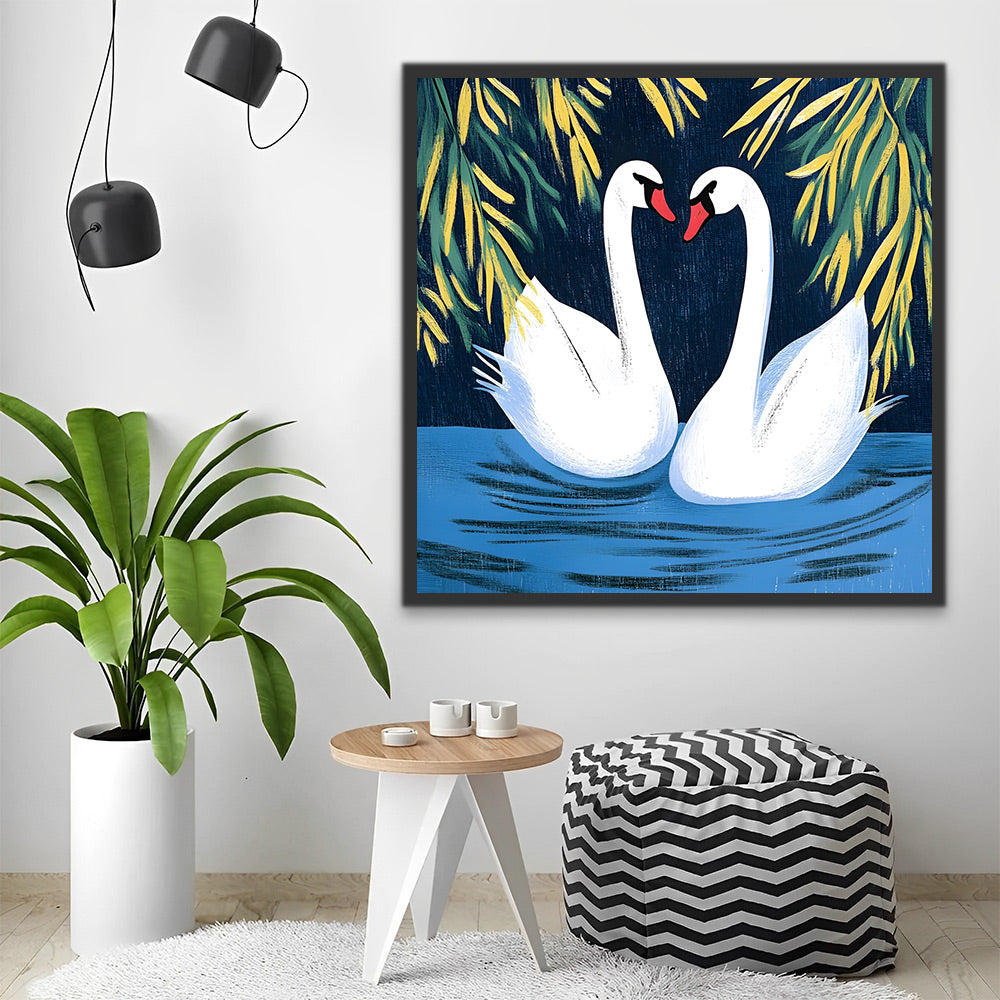 Couple de Cygnes sur L’Eau la Nuit Peinture par Numéros