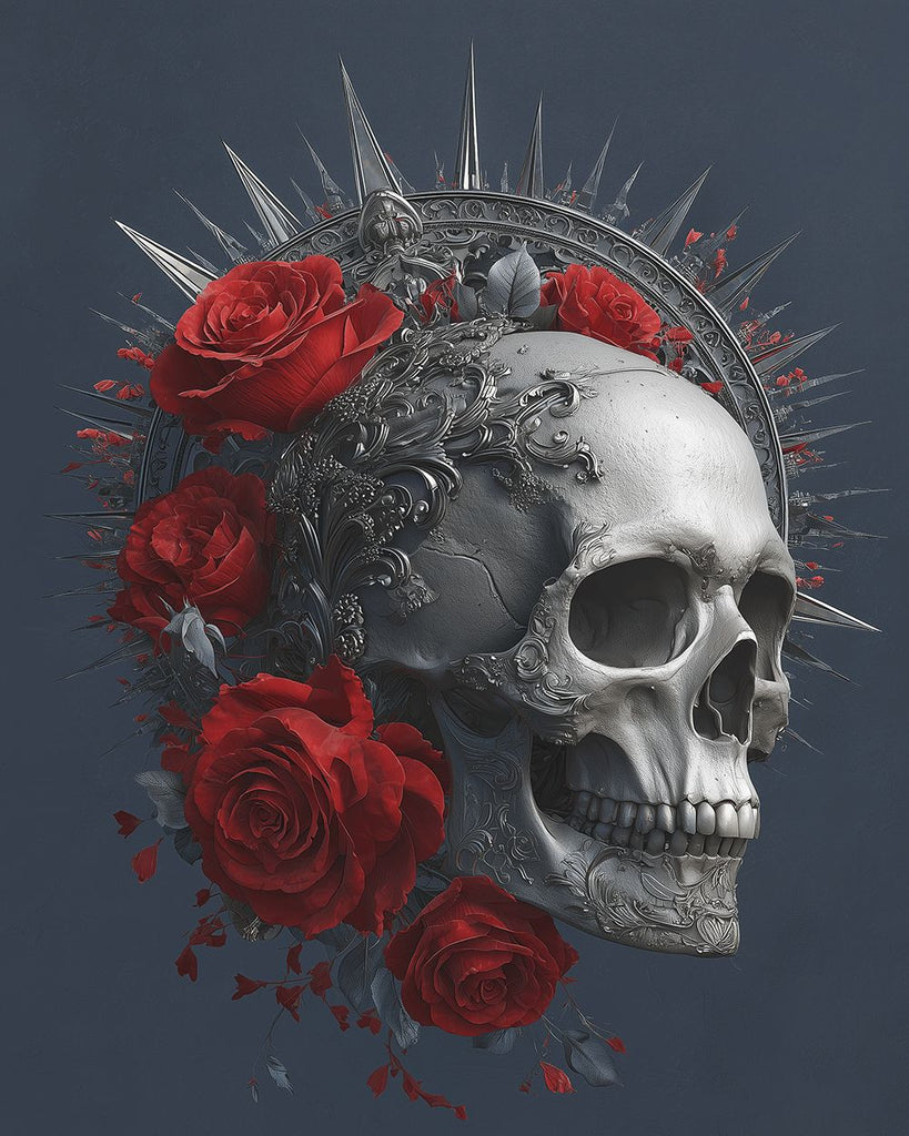 Crâne Argenté avec Couronne et Roses Rouges Peinture par Numéros