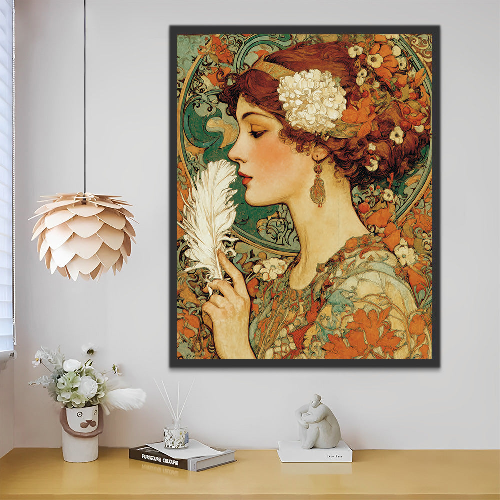 Dame Rétro Tenant une Plume Blanche Peinture par Numéros