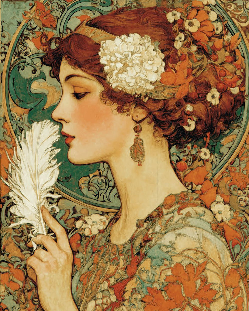 Dame Rétro Tenant une Plume Blanche Peinture par Numéros