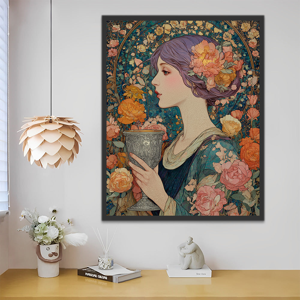 Dame Vintage Tenant une Coupe à Vin Argentée Entourée de Roses Peinture par Numéros