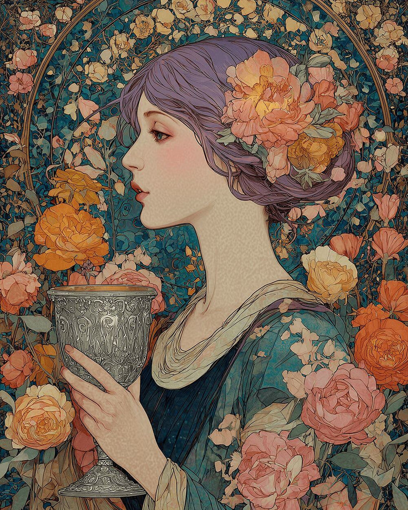 Dame Vintage Tenant une Coupe à Vin Argentée Entourée de Roses Peinture par Numéros