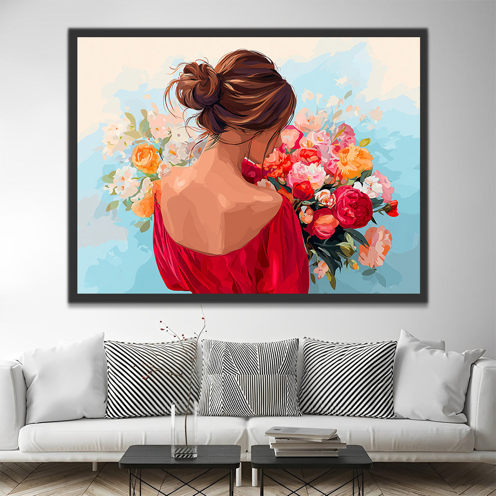 Danseuse en Rouge Tenant un Bouquet Peinture par Numéros