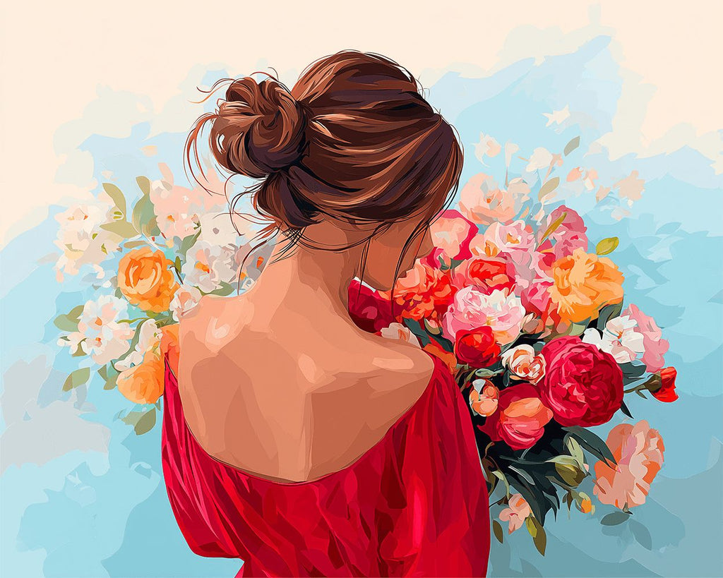 Danseuse en Rouge Tenant un Bouquet Peinture par Numéros