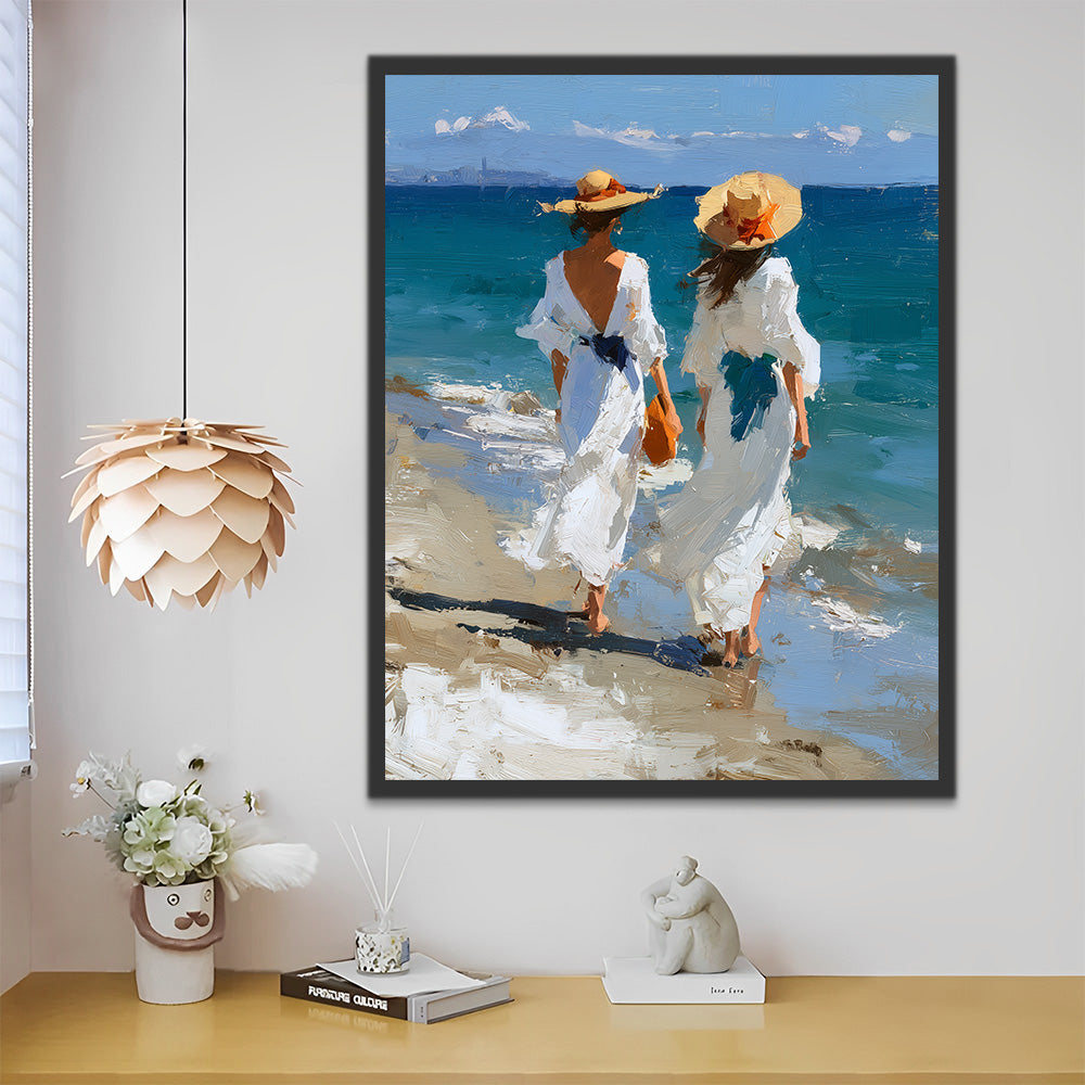 Deux Femmes en Robes Blanches sur la Plage Peinture par Numéros