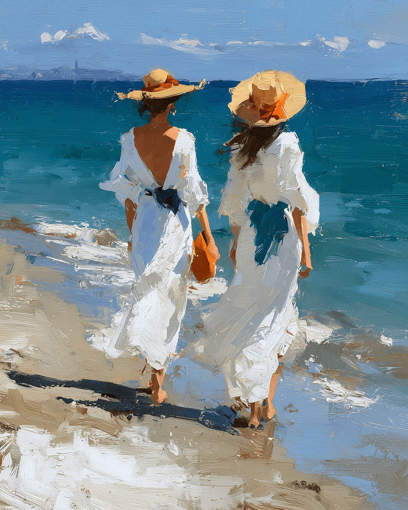 Deux Femmes en Robes Blanches sur la Plage Peinture par Numéros