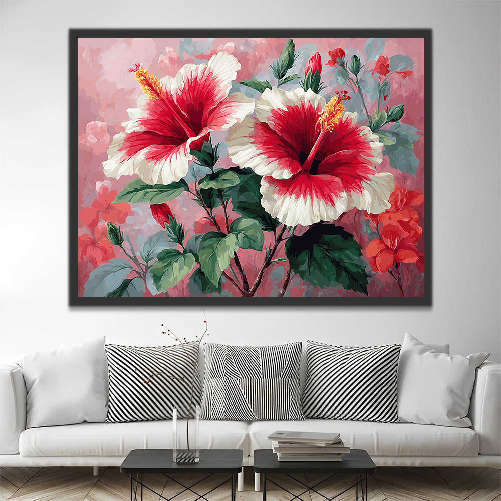 Deux Hibiscus Rouges et Blancs Peinture par Numéros