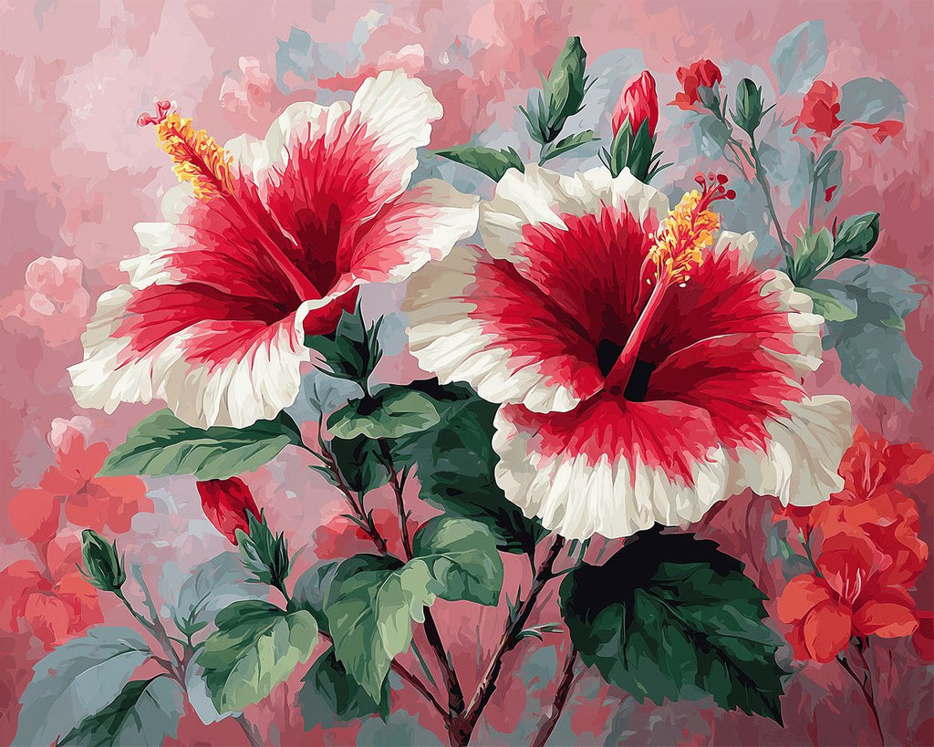 Deux Hibiscus Rouges et Blancs Peinture par Numéros