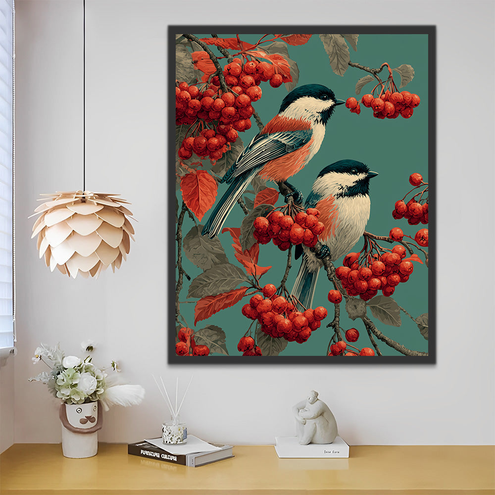 Deux Moineaux sur un Arbre à Baies Rouges Peinture par Numéros