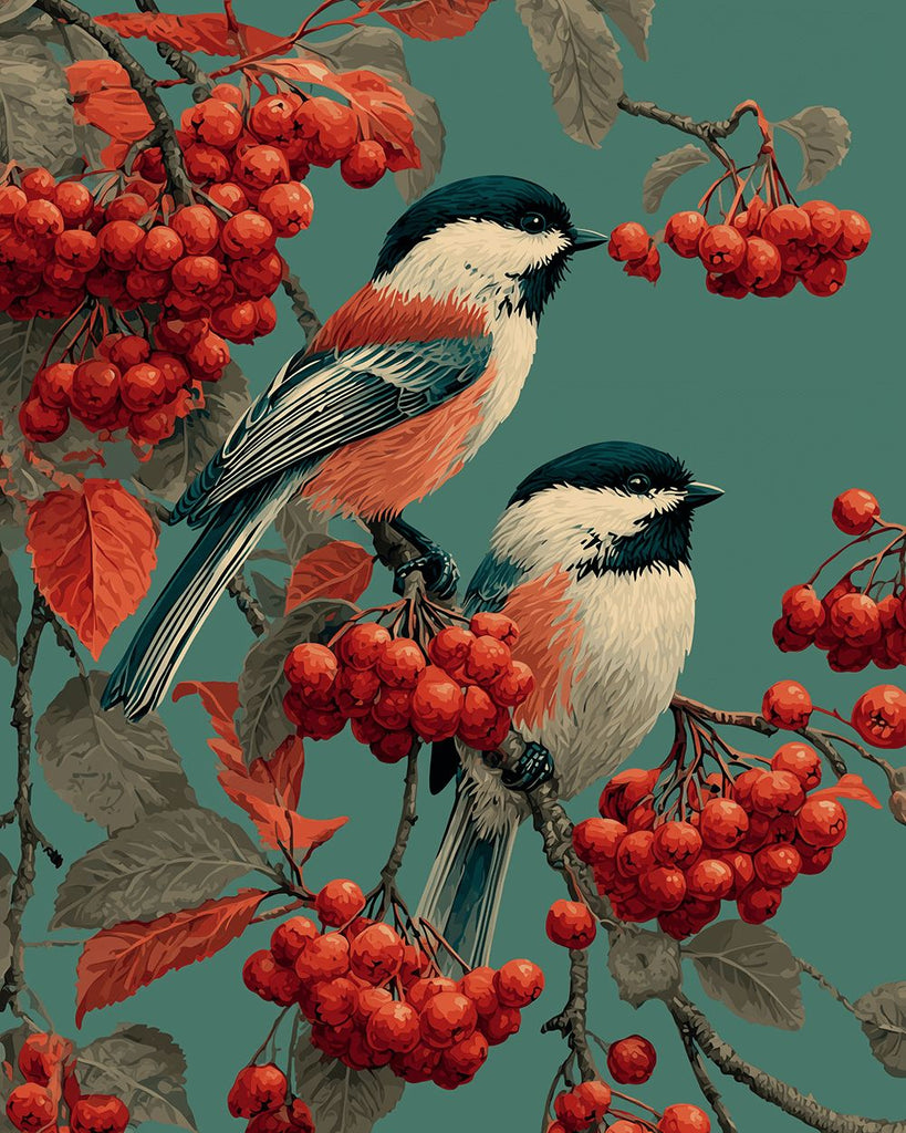Deux Moineaux sur un Arbre à Baies Rouges Peinture par Numéros
