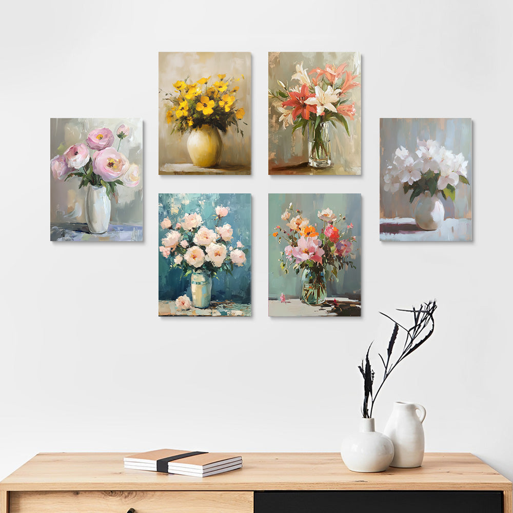 Diverses Fleurs dans Différents Vases 6 Mini Peintures par Numéros