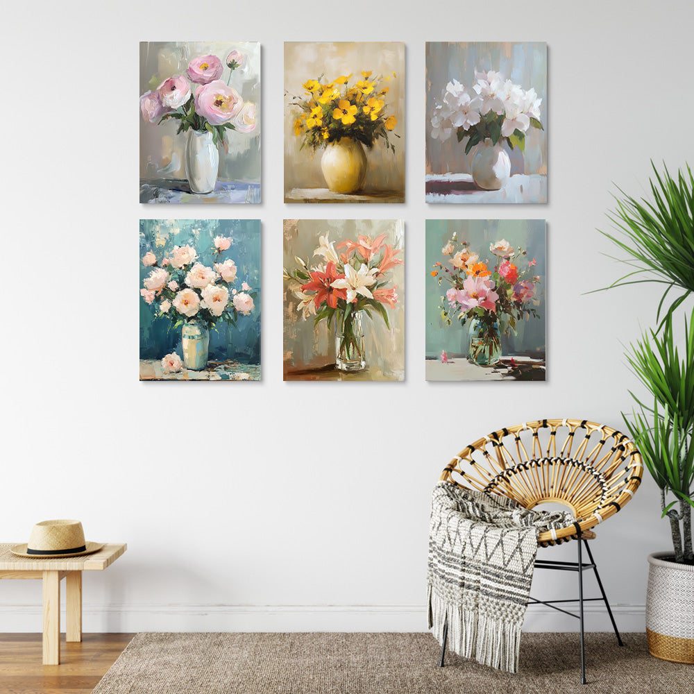 Diverses Fleurs dans Différents Vases 6 Mini Peintures par Numéros