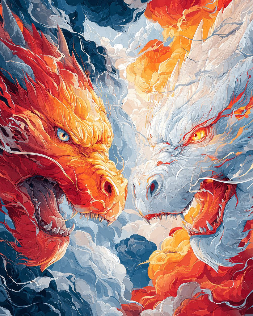 Dragon de Feu Rugissant et Dragon Blanc Peinture par Numéros