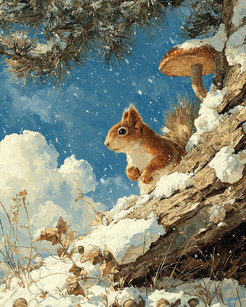Écureuil sous un Pin dans la Neige Hivernale Peinture par Numéros