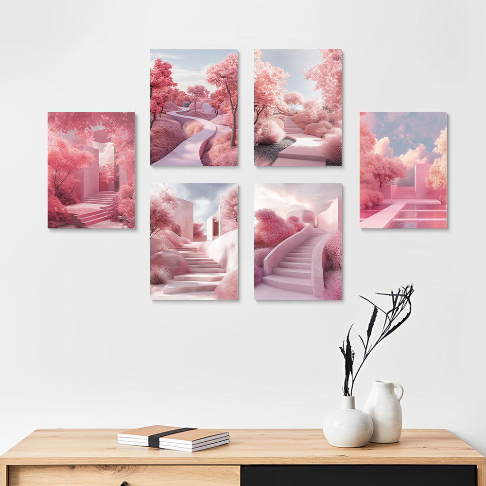 Escaliers du Paysage Rose 6 Mini Peintures par Numéros