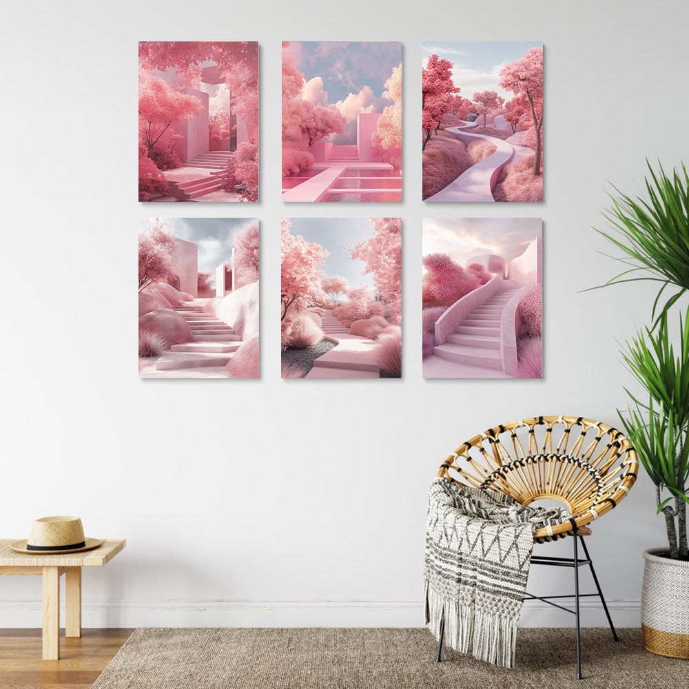 Escaliers du Paysage Rose 6 Mini Peintures par Numéros
