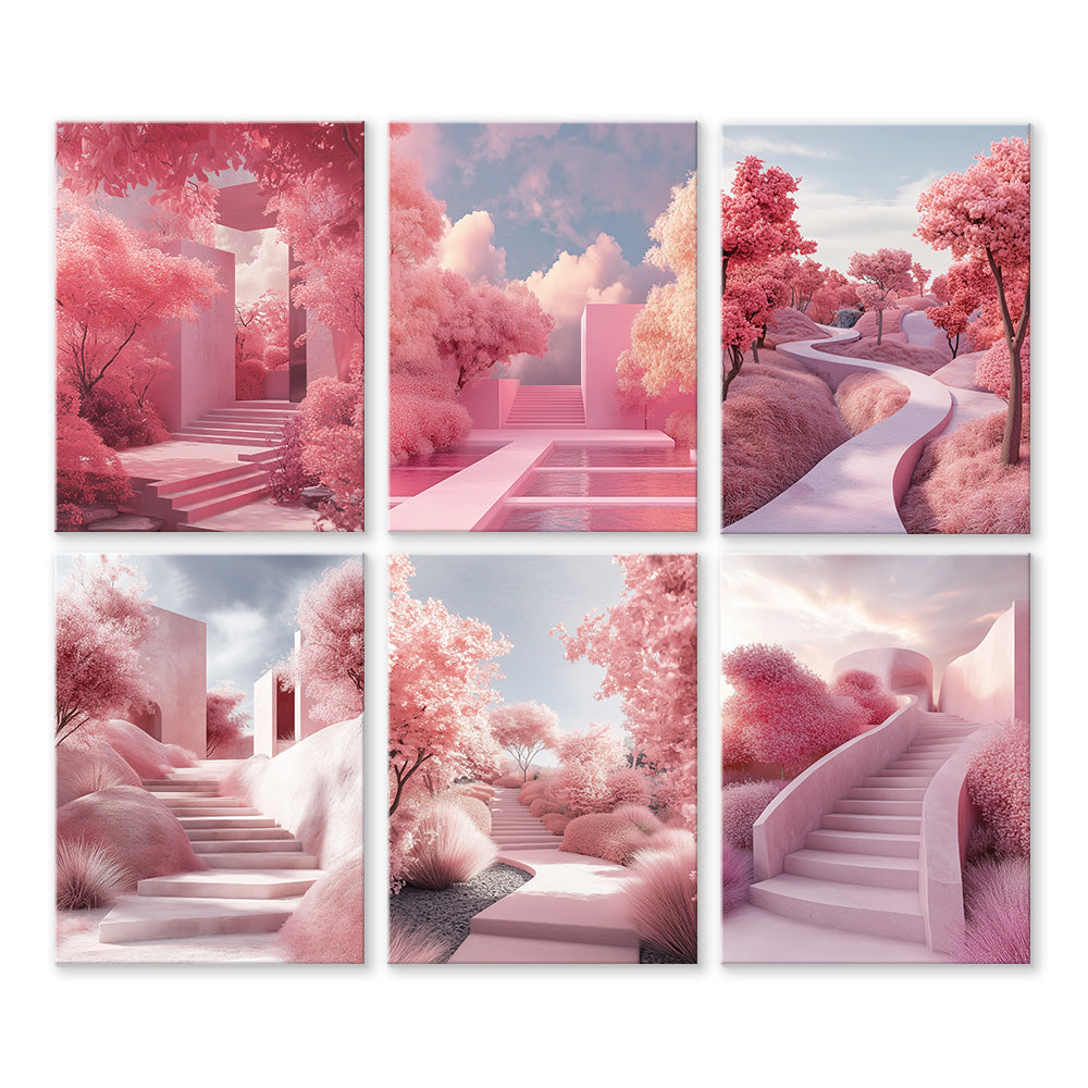Escaliers du Paysage Rose 6 Mini Peintures par Numéros
