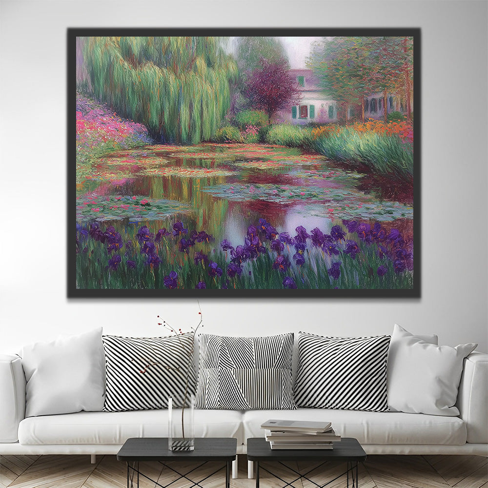 Étang de Lotus et Buissons d'Iris Violets à la Campagne Peinture par Numéros