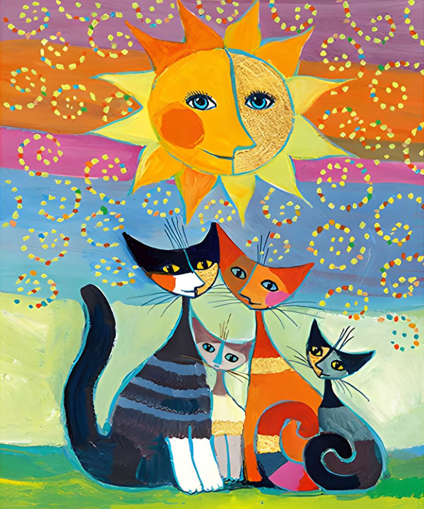 Famille de Chats Abstraits et le Soleil Peinture par Numéros