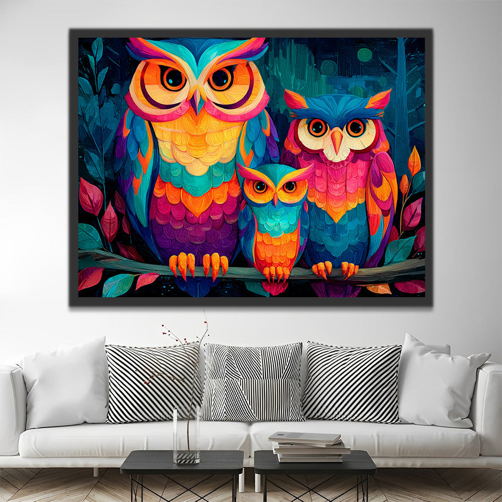 Famille de Trois Chouettes Colorées Peinture par Numéros