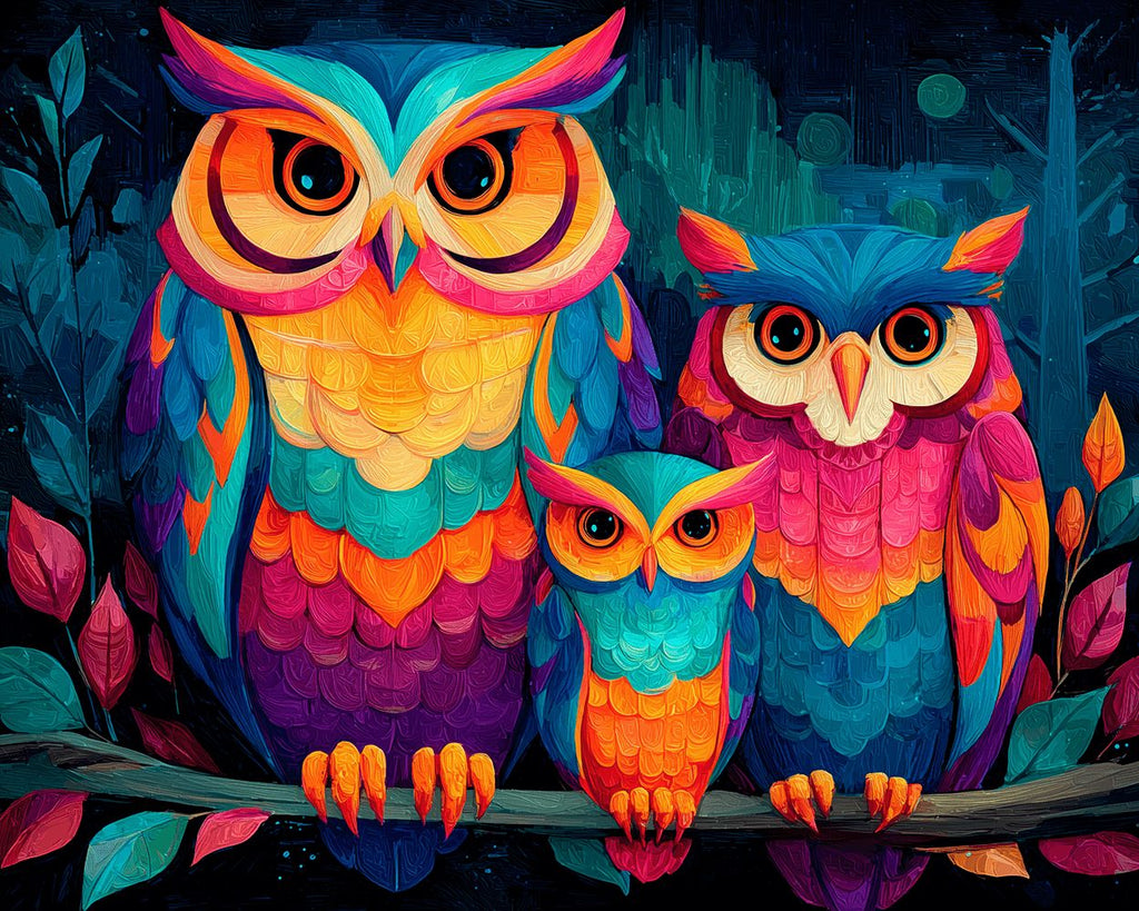 Famille de Trois Chouettes Colorées Peinture par Numéros