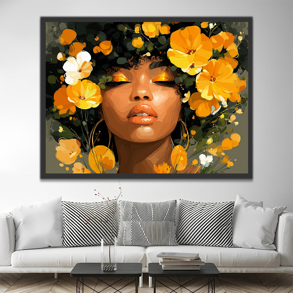Femme Africaine et Fleurs Dorées Peinture par Numéros
