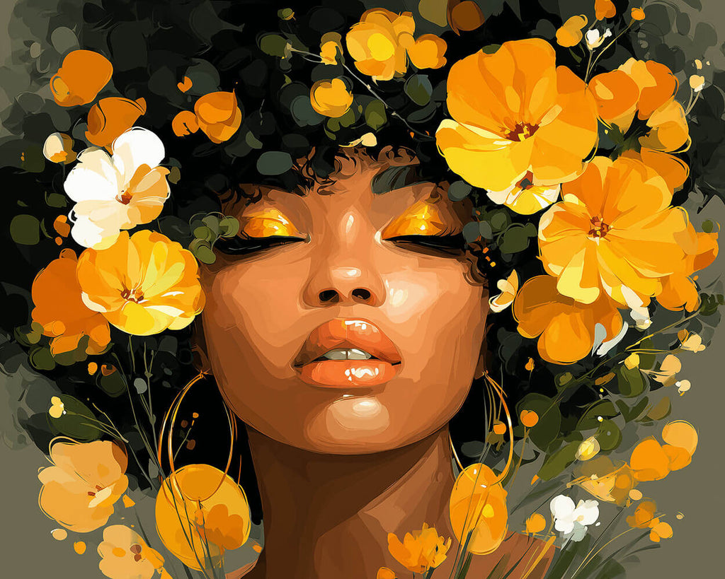 Femme Africaine et Fleurs Dorées Peinture par Numéros