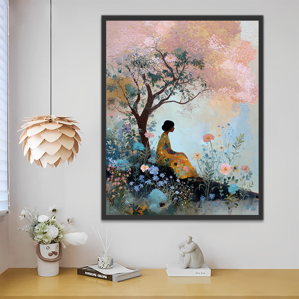 Femme Assise sous un Arbre Rose Peinture par Numéros