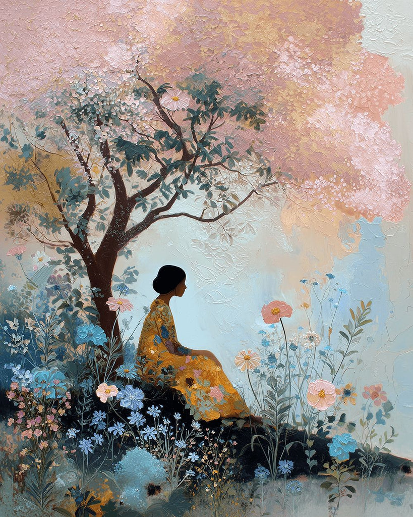 Femme Assise sous un Arbre Rose Peinture par Numéros