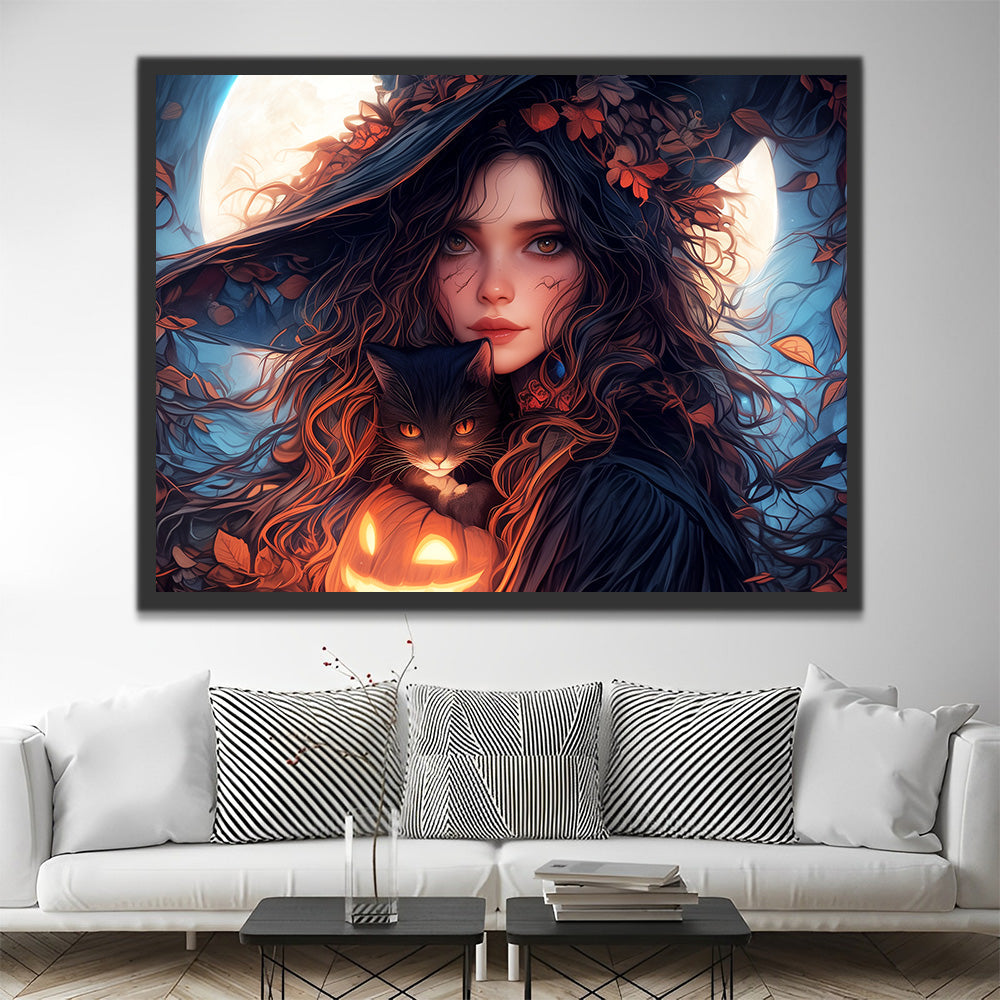 Femme d’Halloween Tenant un Chat Noir Peinture par Numéros
