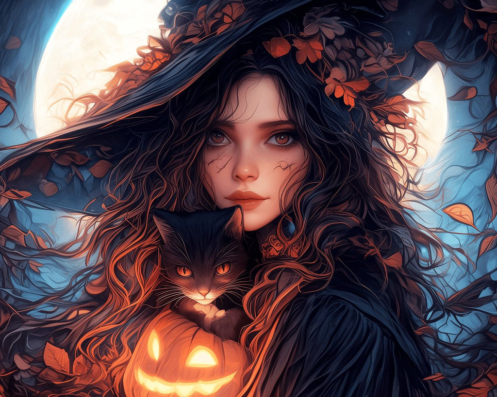 Femme d’Halloween Tenant un Chat Noir Peinture par Numéros